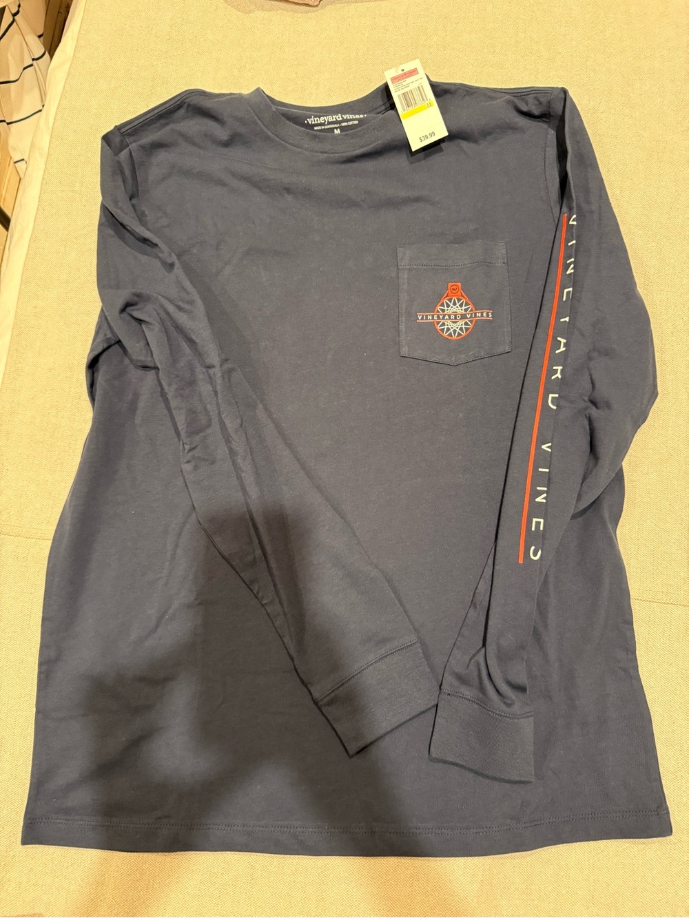 NWT Vineyard Vines Boys Medium Basketball Long Sleeve Pocket Tee Blue
